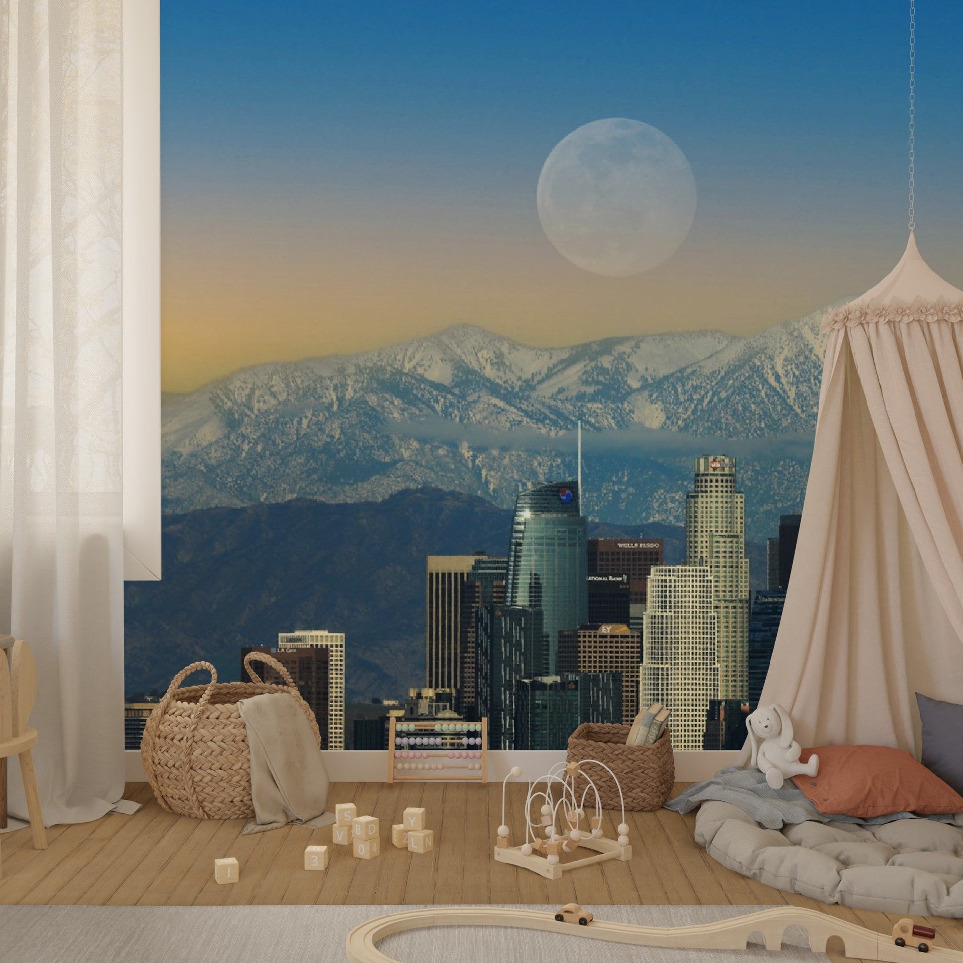 Wallpaper - Moonrise Image of Downtown City of LA California USA - Easy Peel & Stick - Green Forest Home