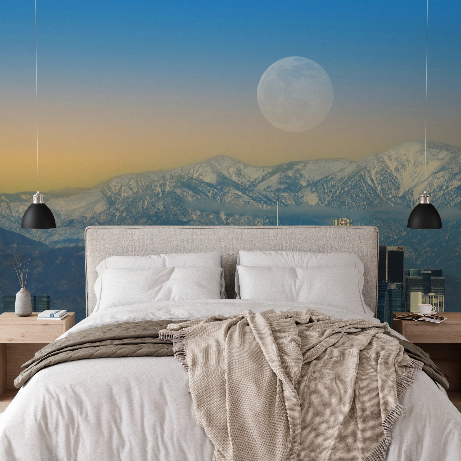 Wallpaper - Moonrise Image of Downtown City of LA California USA - Easy Peel & Stick - Green Forest Home