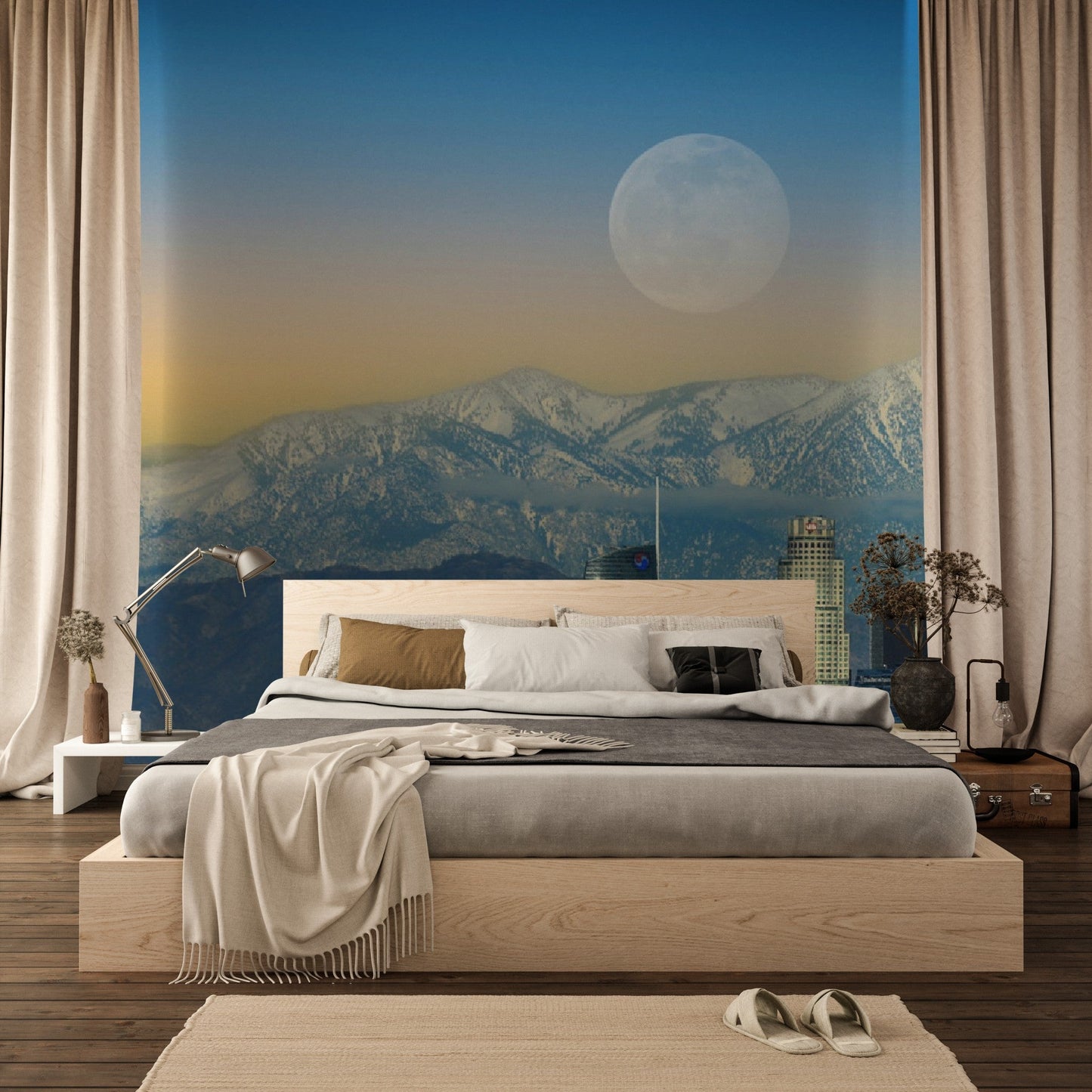 Wallpaper - Moonrise Image of Downtown City of LA California USA - Easy Peel & Stick - Green Forest Home