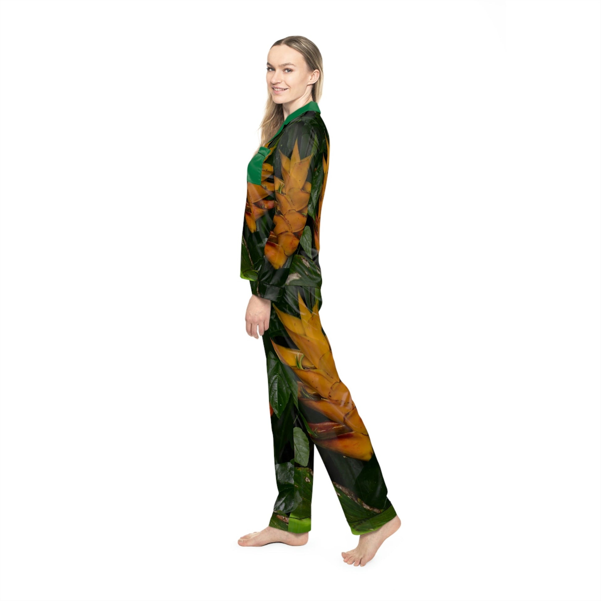 Women's Satin Pajamas (AOP) - All Over Print - Tropical Heliconia flowers from El Yunque Rainforest Puerto Rico - Made in China - Green Forest Home