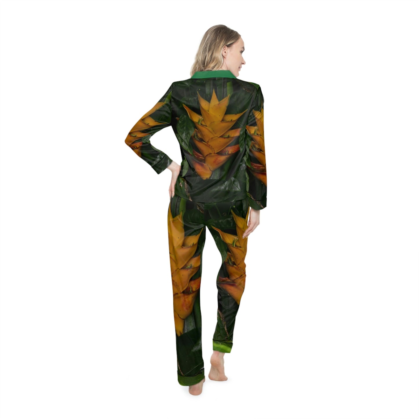 Women's Satin Pajamas (AOP) - All Over Print - Tropical Heliconia flowers from El Yunque Rainforest Puerto Rico - Made in China - Green Forest Home