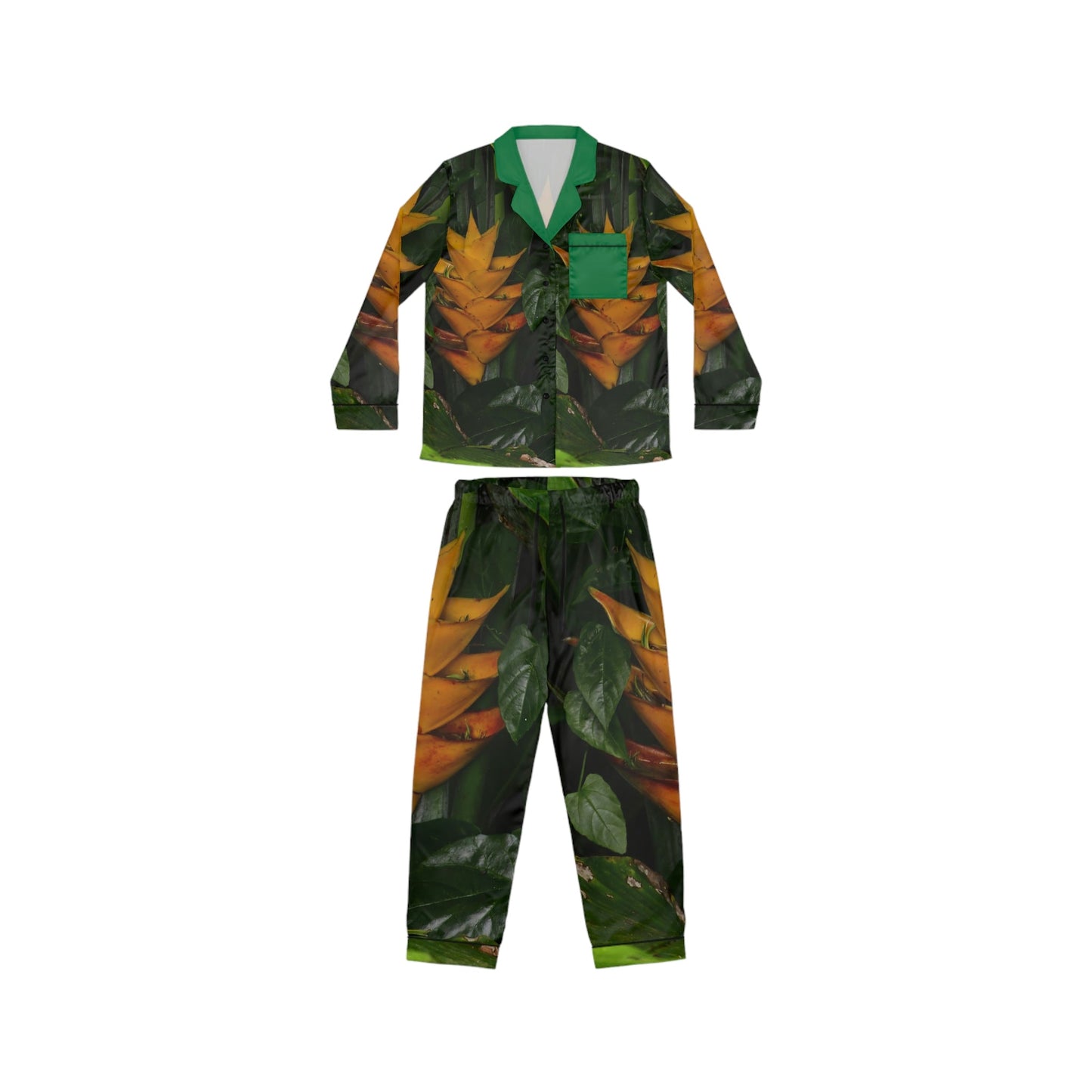 Women's Satin Pajamas (AOP) - All Over Print - Tropical Heliconia flowers from El Yunque Rainforest Puerto Rico - Made in China - Green Forest Home