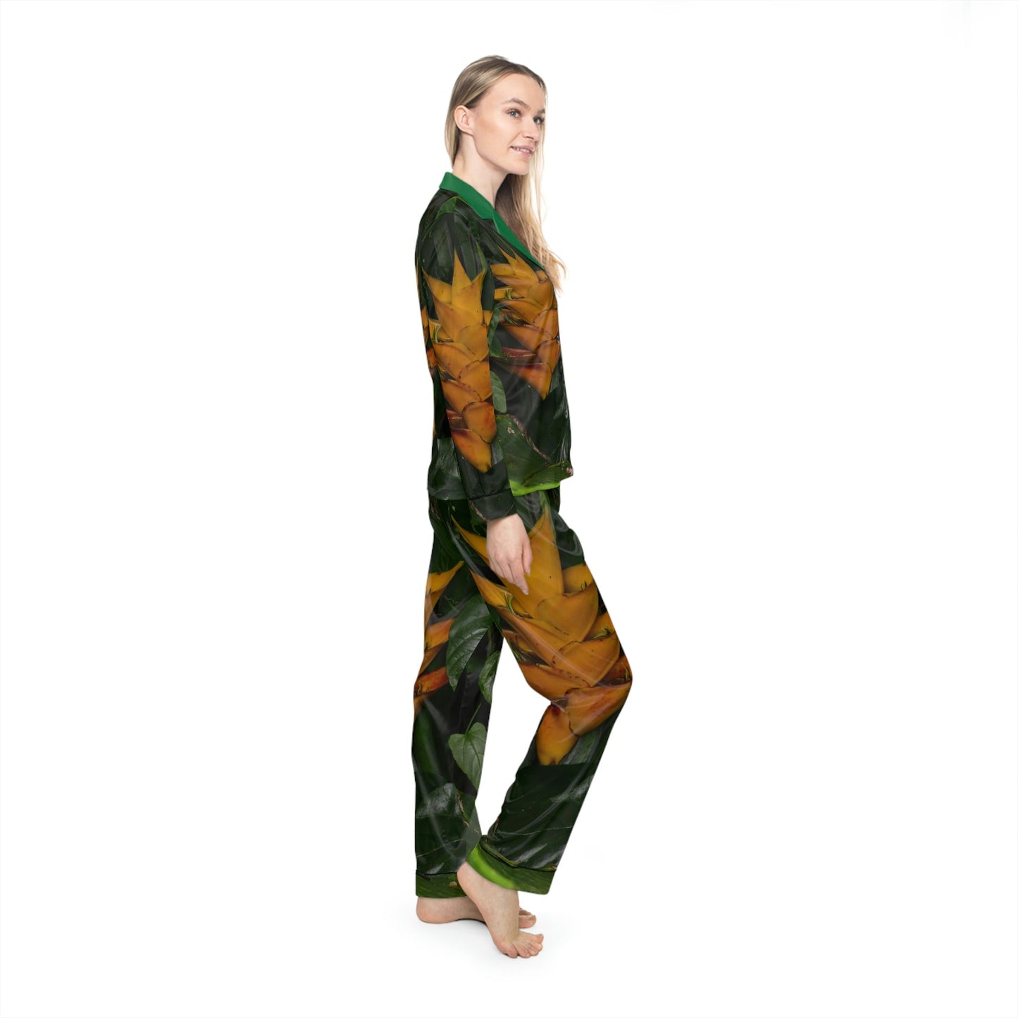 Women's Satin Pajamas (AOP) - All Over Print - Tropical Heliconia flowers from El Yunque Rainforest Puerto Rico - Made in China - Green Forest Home