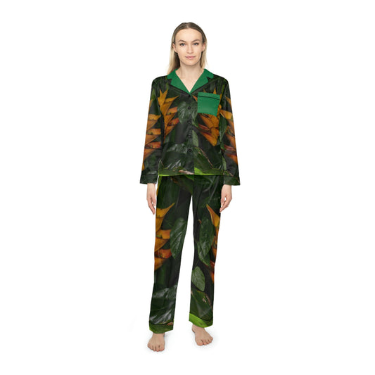 Women's Satin Pajamas (AOP) - All Over Print - Tropical Heliconia flowers from El Yunque Rainforest Puerto Rico - Made in China - Green Forest Home